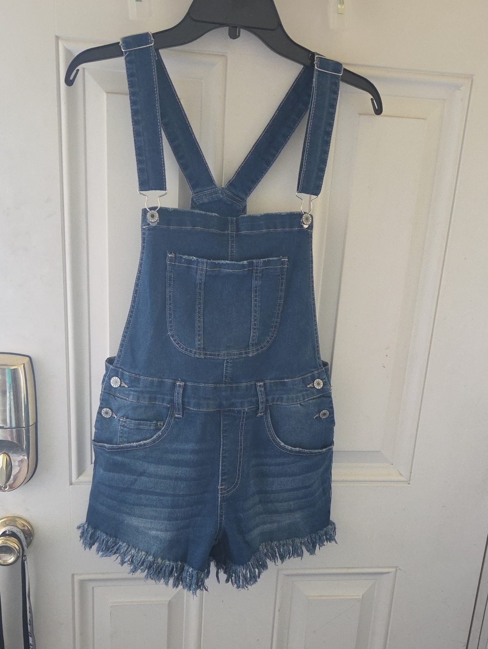 Denim Short Overalls with Fringe Hem